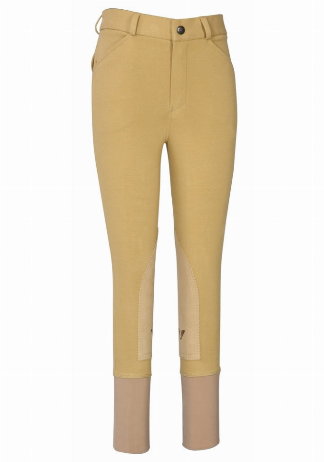 Boys tan light knee patch breeches with front pockets and button waistband