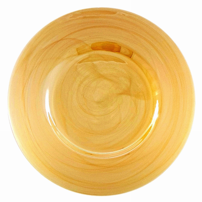Glass charger plate in warm amber with smooth glossy center and marbled edge