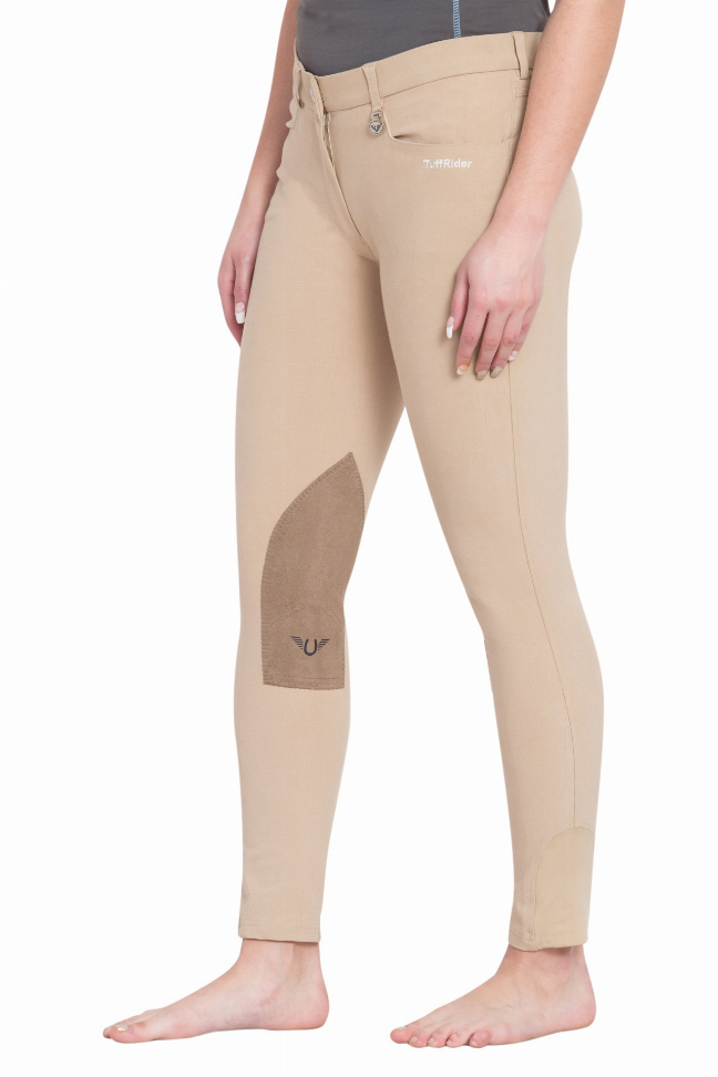 Beige breeches detail showing tan knee patch and side seam