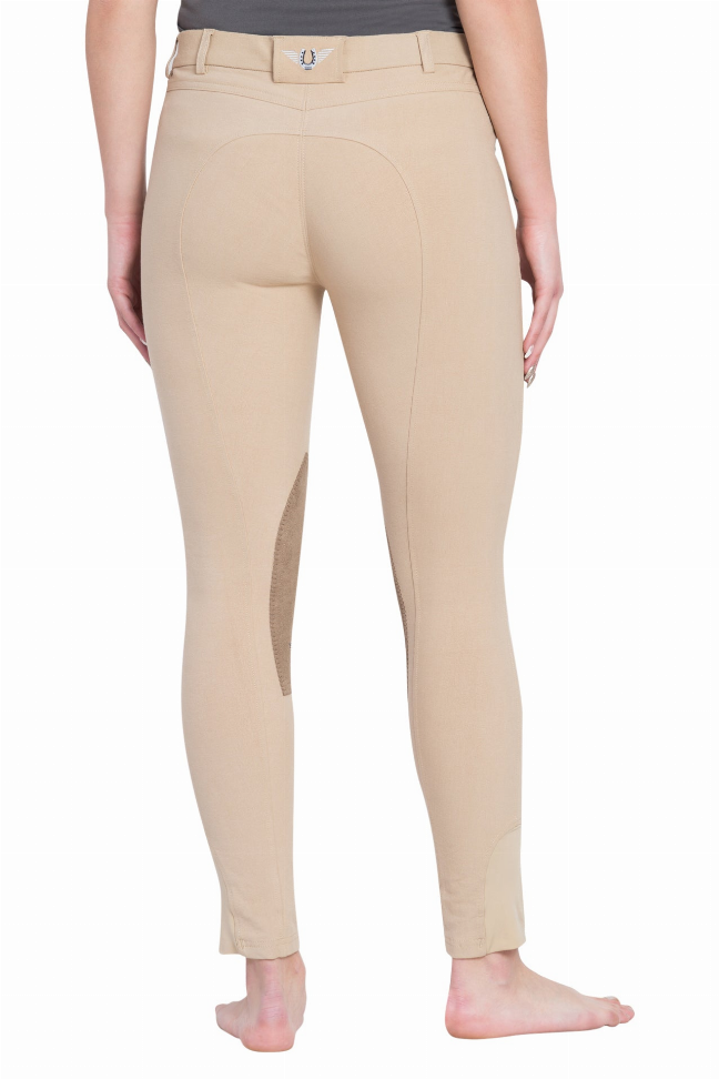 Beige knee patch breeches back view with curved yoke seam