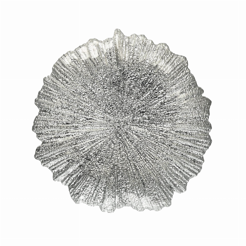 Silver glass soup plate with scalloped edge and fine radial grooves, shallow round bowl.