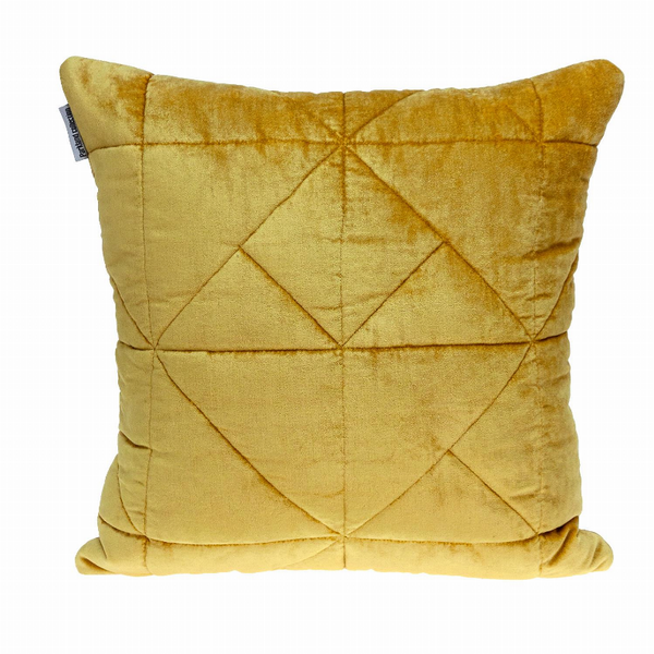 Quilted throw pillow in mustard yellow with diamond seam pattern and piped edges