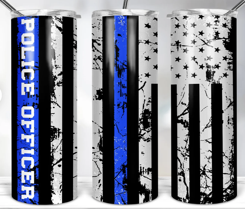Stainless steel tumbler with white, black, and blue vertical stripe and star pattern