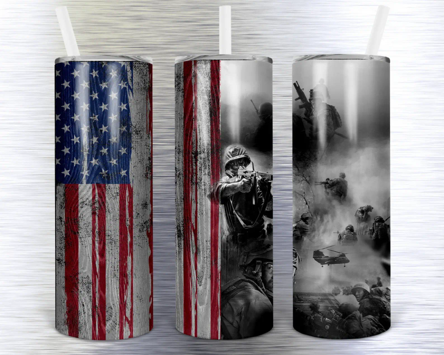 Stainless steel tumblers with American flag and grayscale soldier graphic