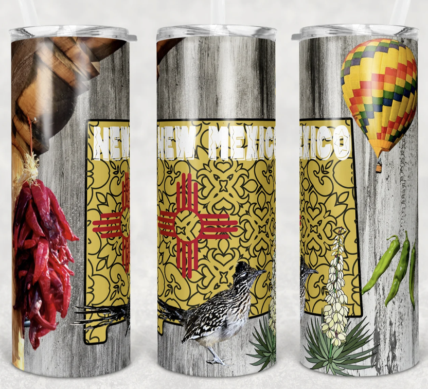 Stainless steel tumbler with silver finish and colorful map-style graphic