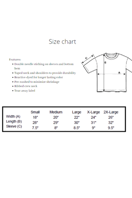 T-shirt size chart with measurement table and diagram