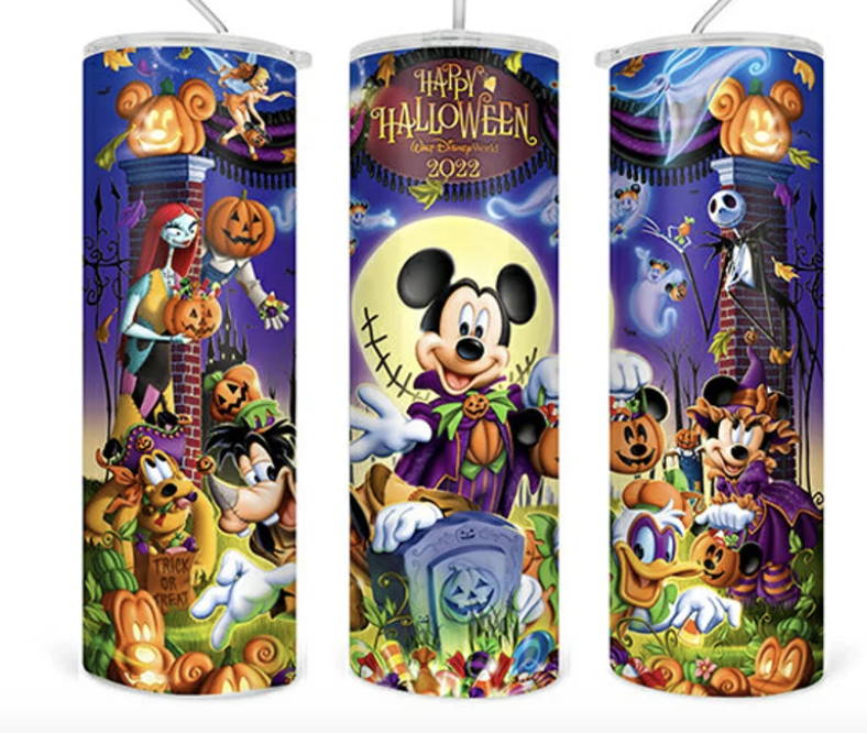 Stainless steel tumbler with colorful Halloween cartoon graphic wrap in blue and purple
