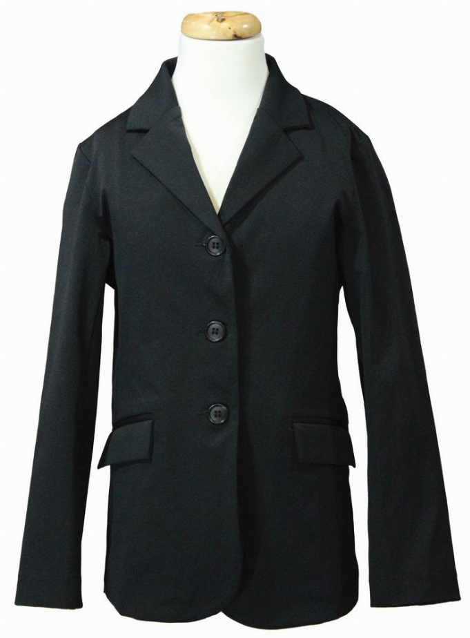Children's show coat, dark navy/black, button-front with notch lapels and flap pockets.