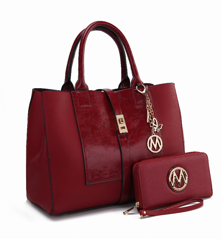 Red leather-look satchel bag with detachable red wallet and gold logo hardware