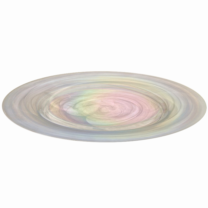 13-inch glass charger plate, pastel iridescent swirl seen from side angle