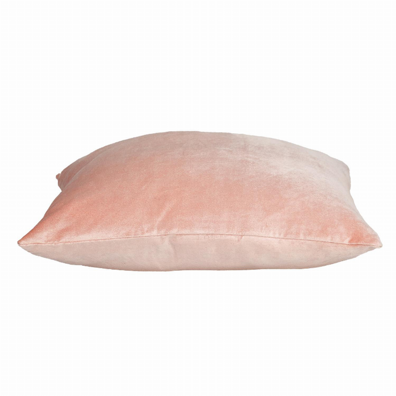 Pink square throw pillow shown from the side with smooth textured fabric.