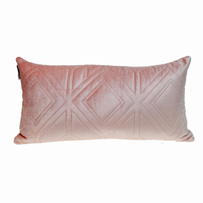 Salmon-pink rectangular throw pillow with quilted diamond and chevron pattern