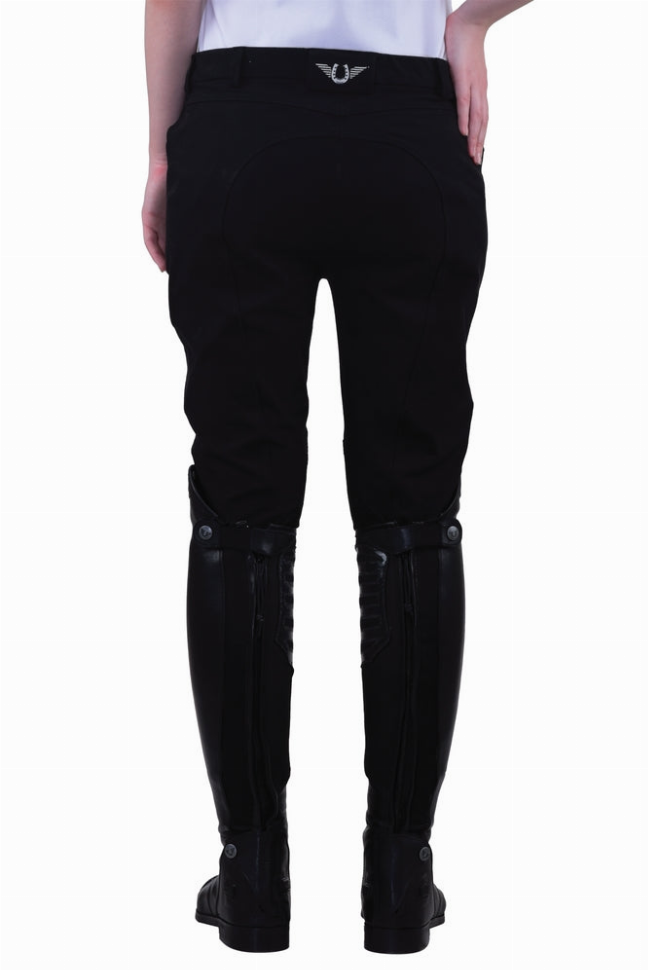 Ladies knee patch breeches, black, back view with snap knee panels