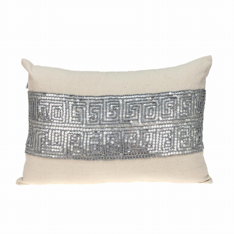 Cream pillow with blue-gray sequin geometric stripe across center