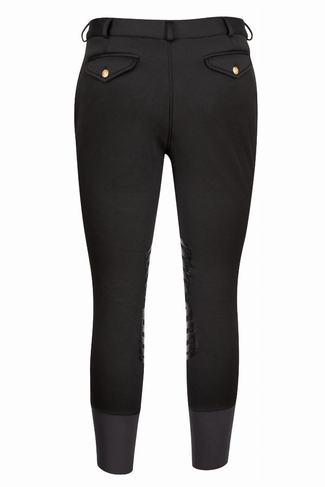 TuffRider men's unifleece breeches, rear view with buttoned pockets and knee patches