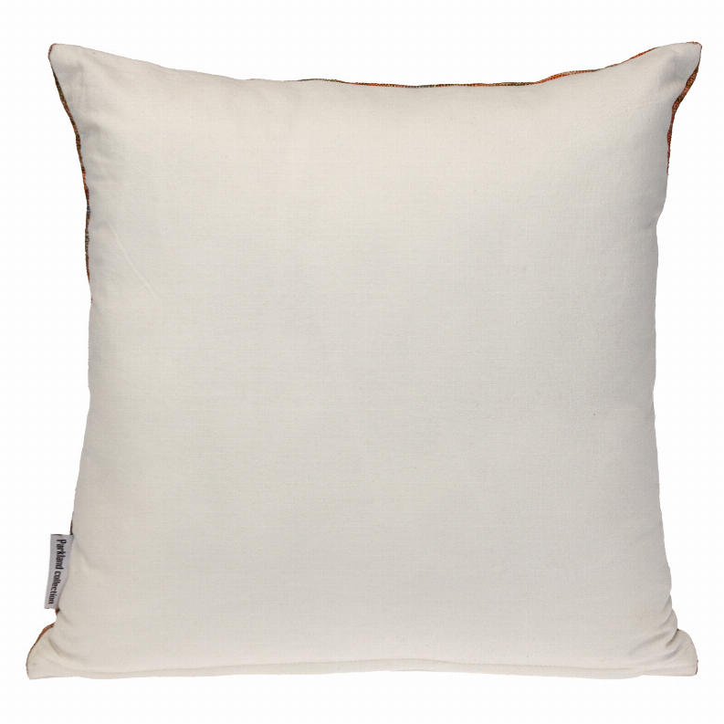 18" square light beige pillow cover with neat stitched border and side tag