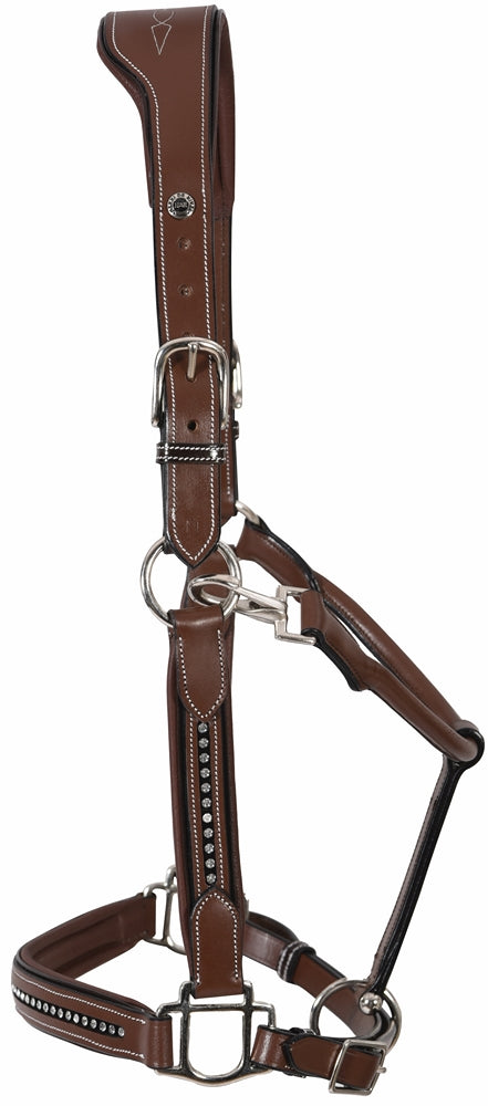 Henri de Rivel padded crystal halter, brown leather with crystal-studded brow and rings