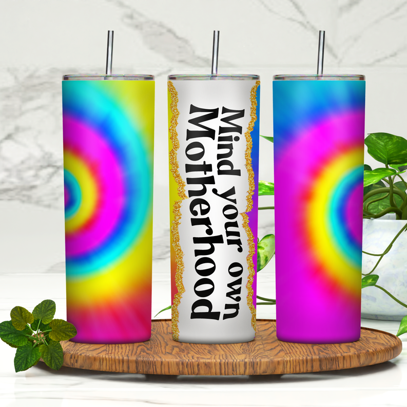 20oz skinny tumbler set with rainbow swirl cups and white tumbler with bold text