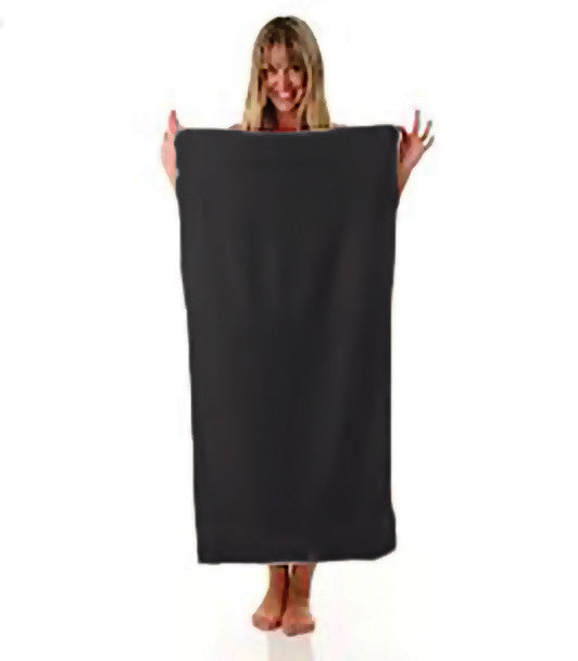Black microfiber travel towel held in front view
