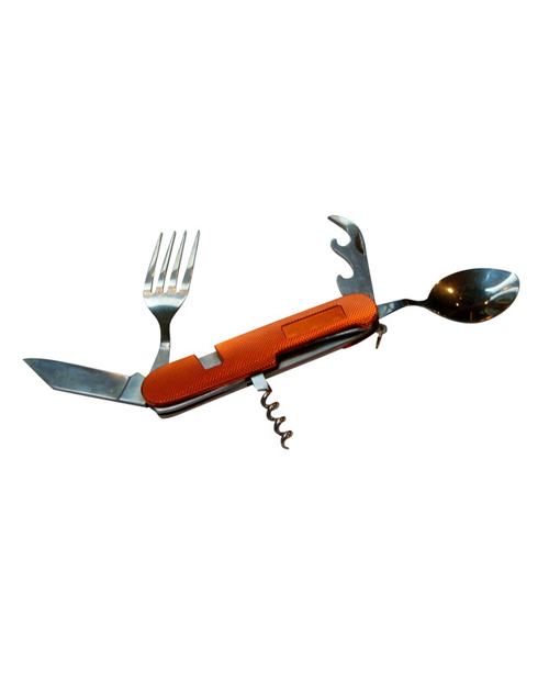 Multifunction travel tool with open fork, knife, spoon, and corkscrew in orange holder