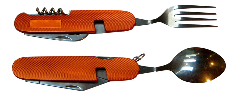 Multifunction travel tool pair showing orange cases with fork and spoon plus knife blade
