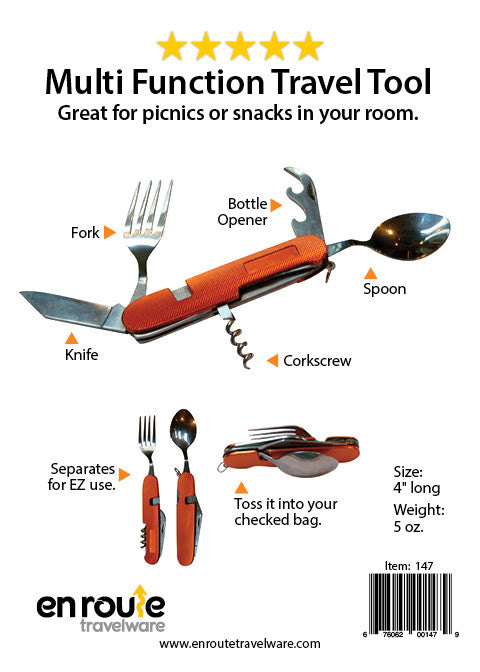 Travel utensil set components: fork, knife, spoon, corkscrew, bottle opener, orange case
