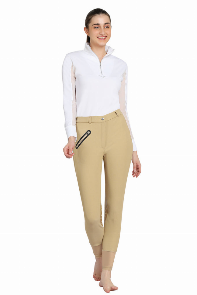 Tan ribbed riding breeches with silicone knee patches, full-length view