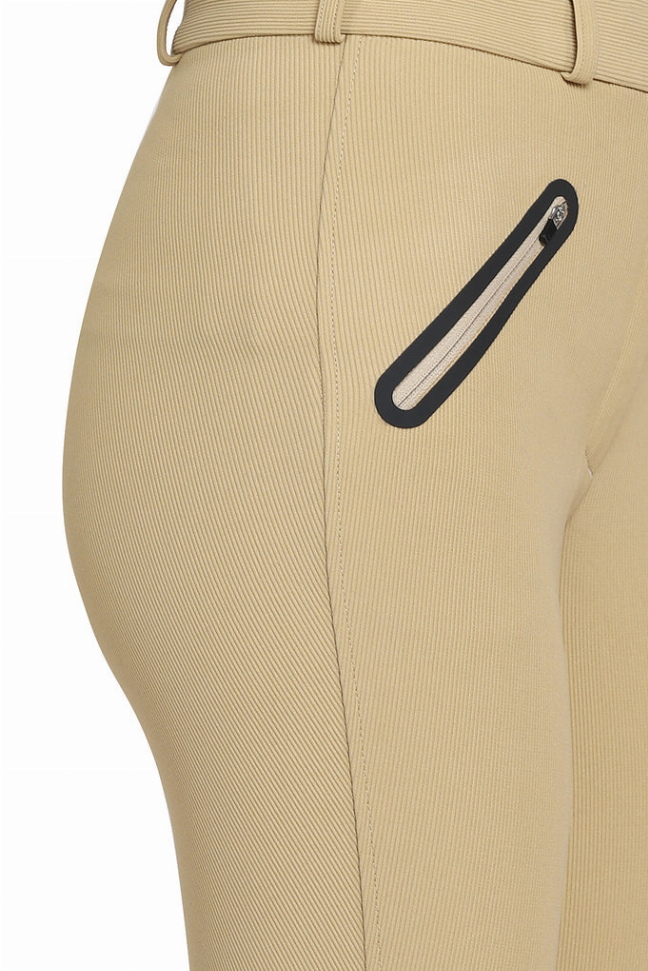 Ribbed tan riding breeches with silicone knee patch detail and stitching