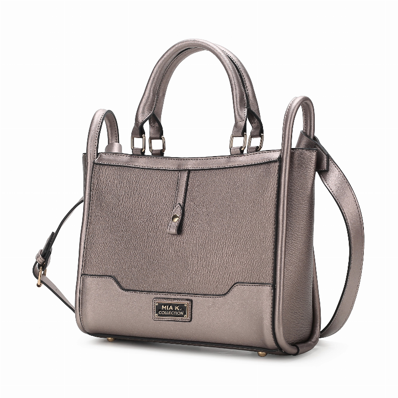 Gray vegan leather tote bag with structured front panel, top handles, and crossbody strap