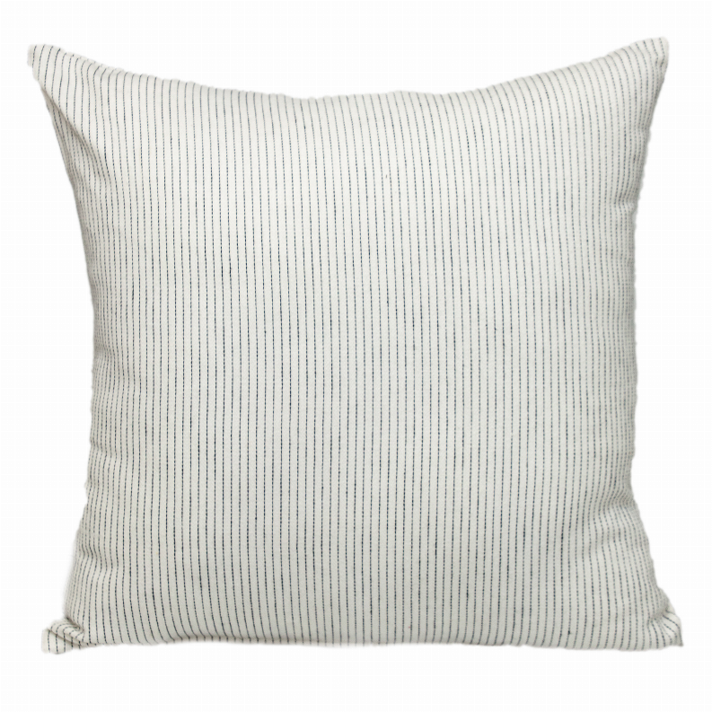 Square throw pillow back with light cream fabric and evenly spaced vertical stripes