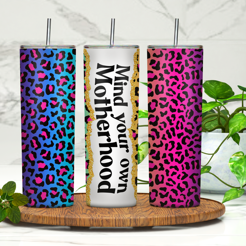 20oz skinny tumbler, white with black slogan, gold glitter rim, clear lid and straw