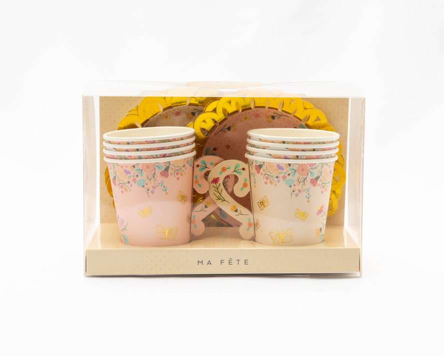 Boxed tea party cups and saucers set with floral butterfly, bee pattern