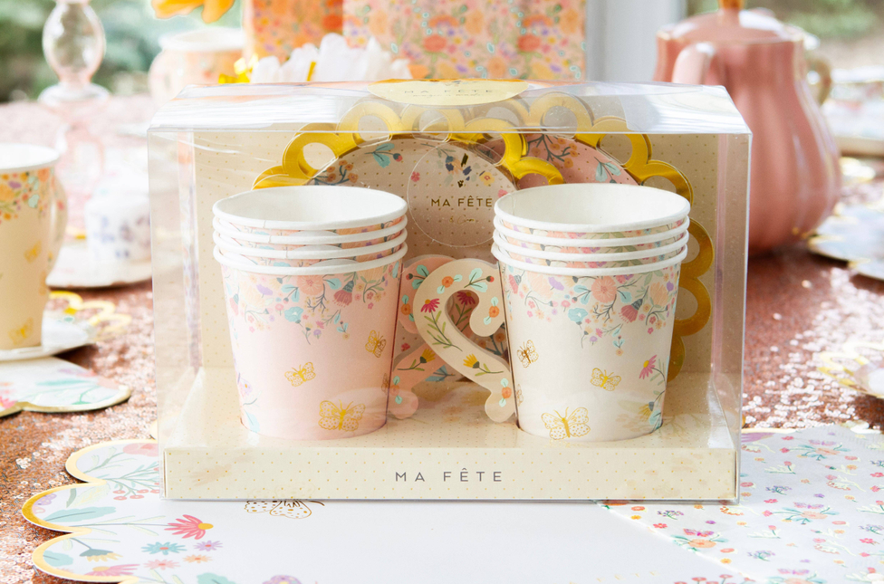 Clear box tea party cups and saucers set, floral butterfly and bee design