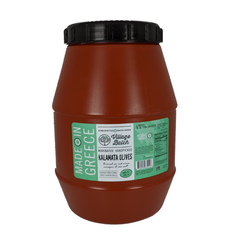 Marinated Kalamata olives bulk jar with green label and dark black cap