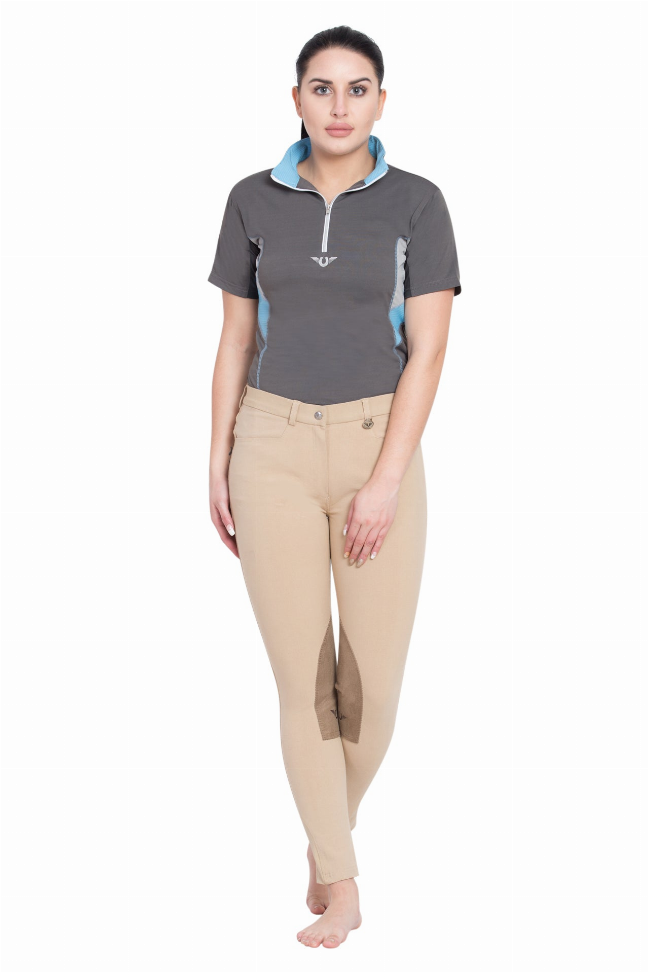 Beige ladies riding breeches with dark knee patch and ankle-length legs