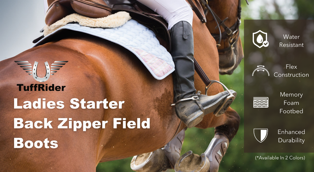 Black women’s starter back zipper field boots on a horse saddle area