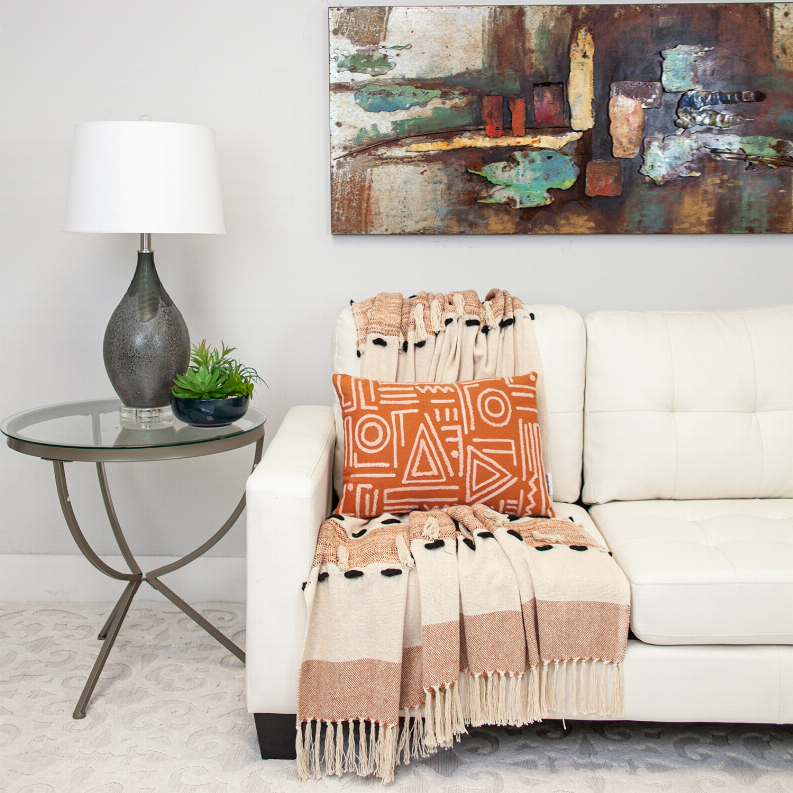 Woven rectangle throw blanket, cream with terracotta geometric stripes and tassel fringe