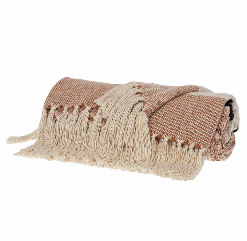 Folded woven rectangle throw blanket in cream and rust-brown with long fringe