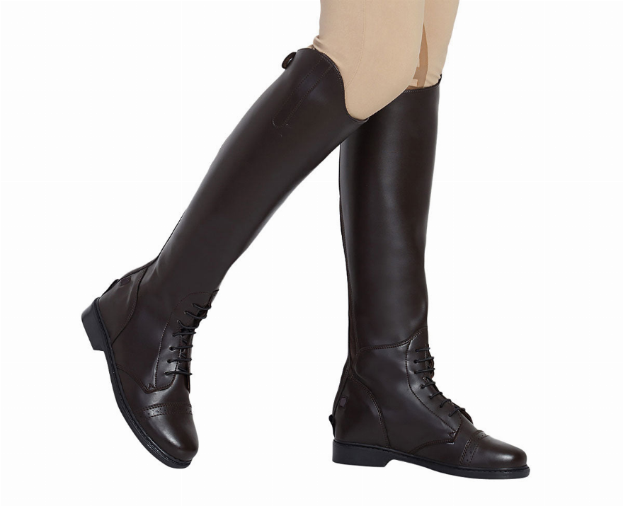 Women’s tall field boots with back zipper and lace-up front, dark brown