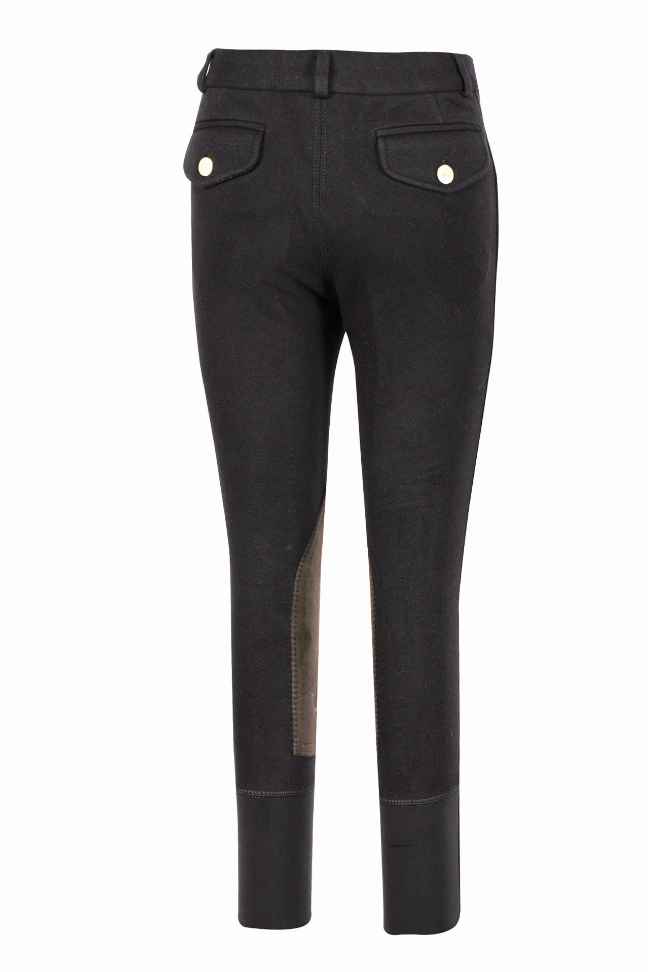 Boys riding breeches back view, dark fabric with pocket flaps