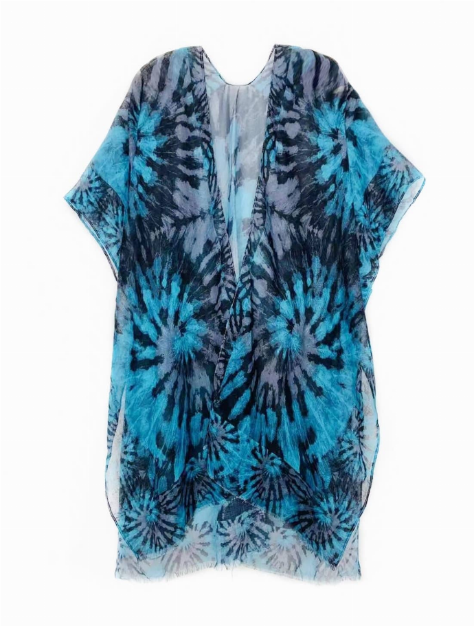 Flowy tie-dye kimono tunic with open front, blue and dark swirl pattern, short sleeves