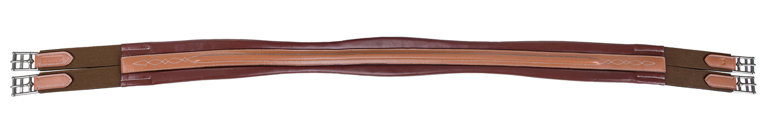 Brown leather horse girth strap with decorative fancy stitching and metal buckles