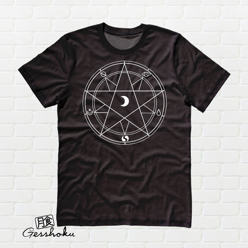 Black unisex T-shirt with crew neck and white pentagram circle graphic