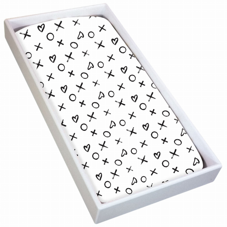 Flannel change pad sheet, white with black X O and heart motifs