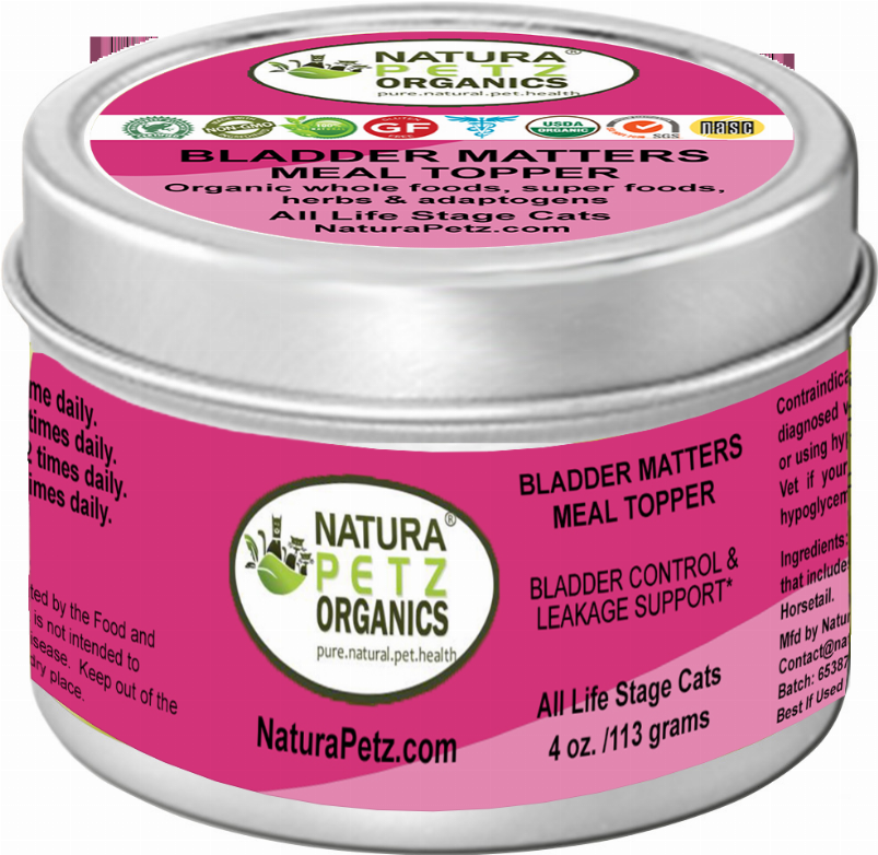 Silver NaturaPetz Organics bladder control meal topper can with pink label