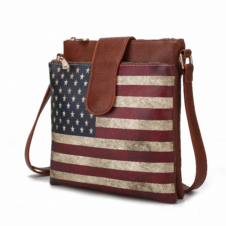 Women's vegan leather crossbody bag with brown flap and stars-and-stripes front panel