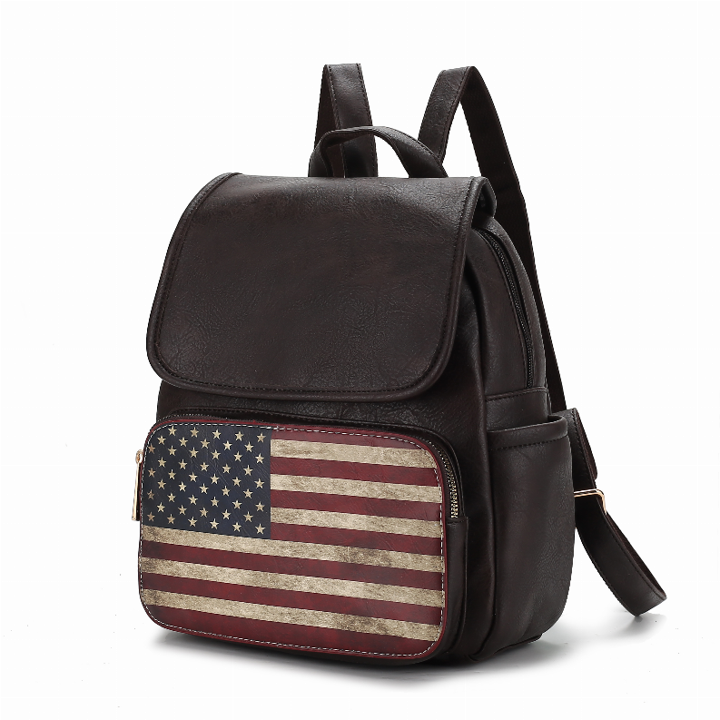 Black vegan leather mini backpack with American flag front panel, top flap and shoulder straps