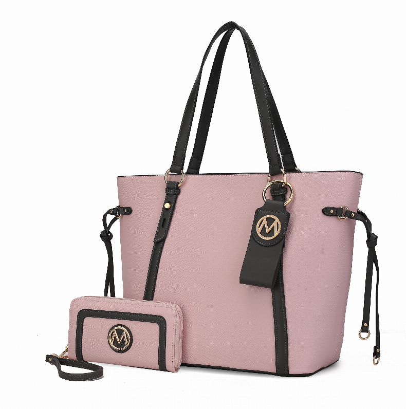 Light pink tote bag with detachable wallet pouch and key-ring charm, black handles and straps
