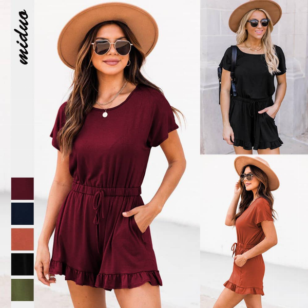 Burgundy short-sleeve mini dress with crew neck, cinched waist, and ruffled hem