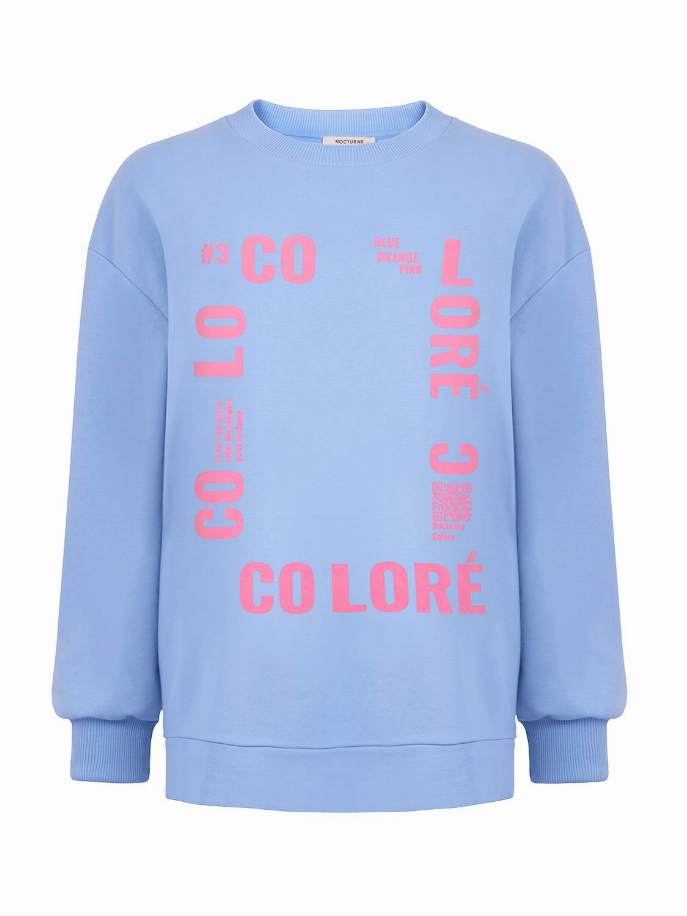 Light blue sweatshirt front with pink “CO LOR” text and graphic lettering